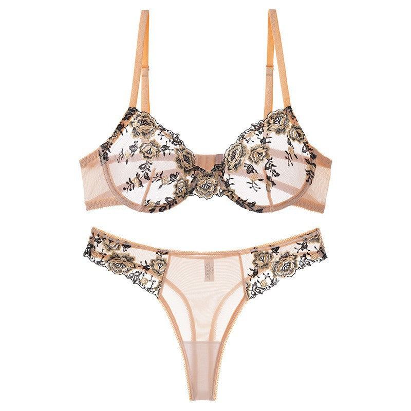 Ultra-Thin Lace French Bra & Panty Set - Sexy Gathered Top Support Underwear for Fall Fashion