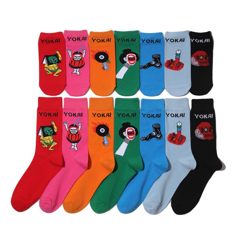 Male Japanese Monster Animation Socks Female Cotton Monster Story Sock Cartoon Personality Trend Boat Socks-5PRS