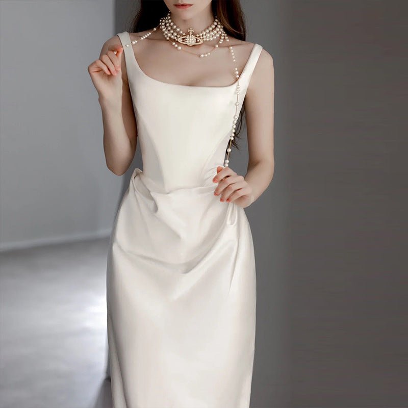 Satin Light Wedding Dress New Retro Simple Going Out Yarn Small Trailing Suspender Dress Evening Dress