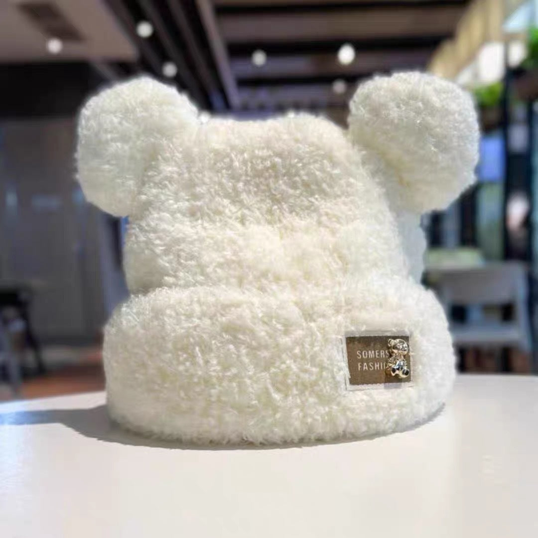 Cute bear wool hat female winter 2024 popular plush warm fluffy autumn and winter big head circumference knitted hat