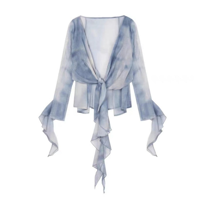 Summer New Retro Top Women's Pure Desire Blue Gradual Change Tie-dye Ruffle Leaf Edge Streamer Horn Sleeve Shirt