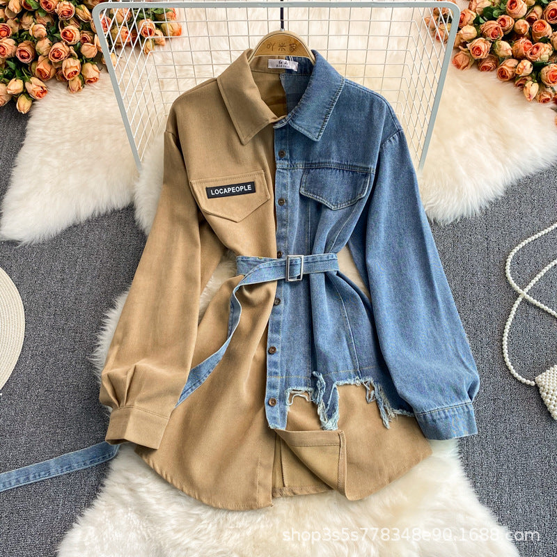 Denim Splicing Lapel Dress Spring and Autumn New Waist and Thin Irregular Medium and Long Shirt