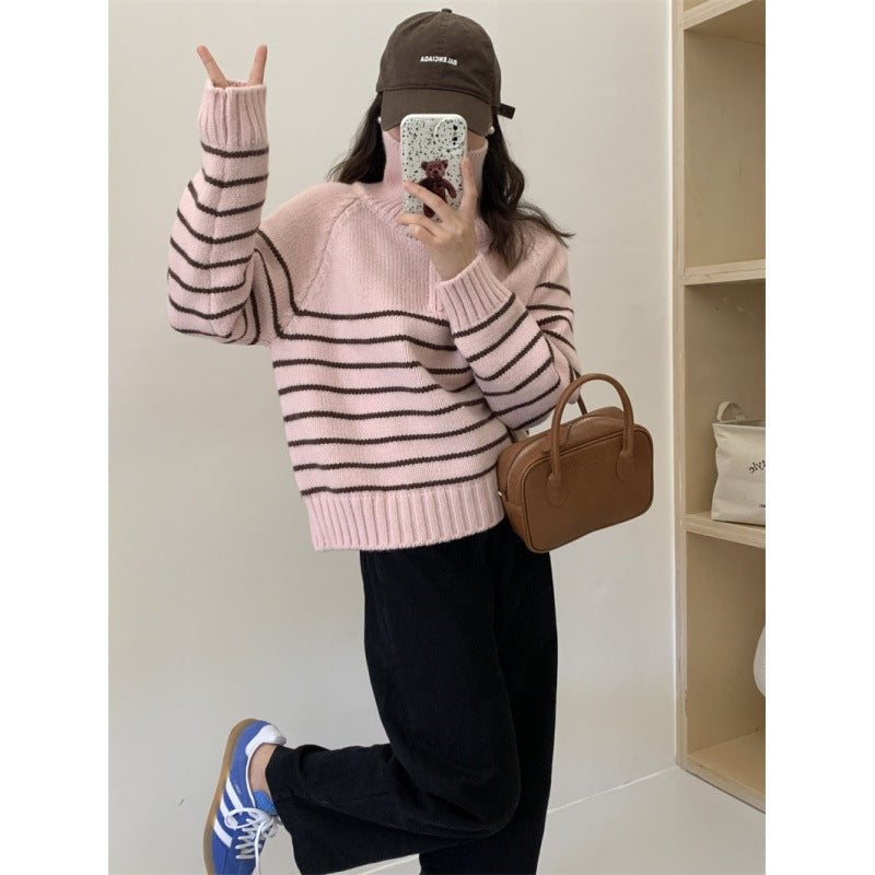 Striped Half-zipper Pullover Sweater Women's Autumn and Winter New Loose Lazy Wind Thick Knitted Sweater