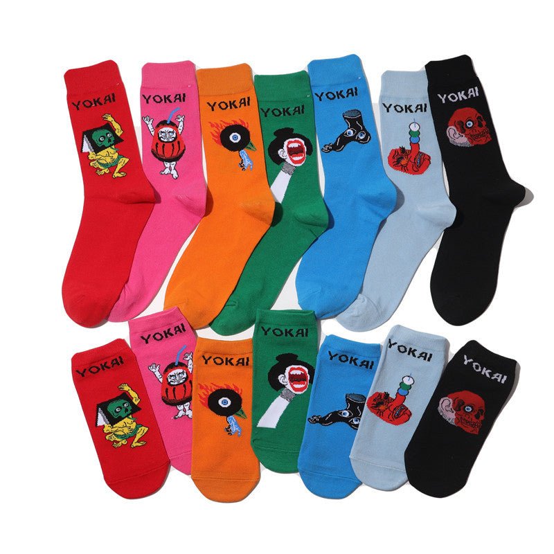 Male Japanese Monster Animation Socks Female Cotton Monster Story Sock Cartoon Personality Trend Boat Socks-5PRS