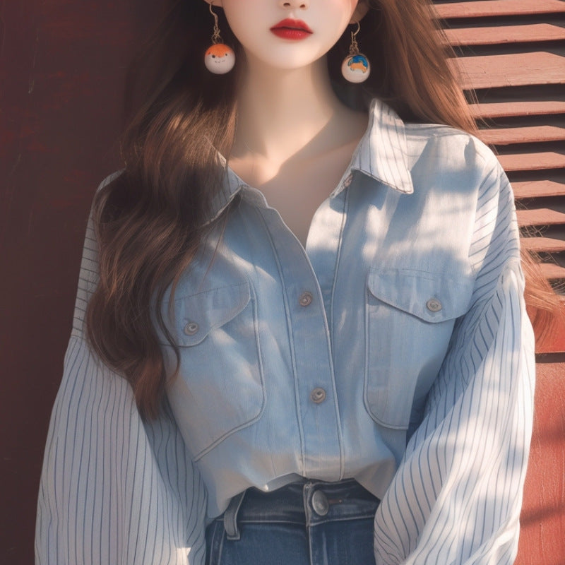 Deconstructed Denim Shirt: Cerulean Wash & Raw Seam Blouse for Women - Art Studio to Office Ageless Statement