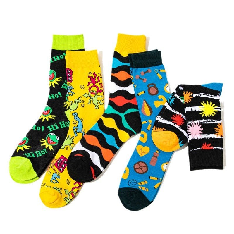 Male Medium Tube Personality Pattern Men's Animation Women's Wholesale Socks Long Tube Comic Film Socks-5PRS