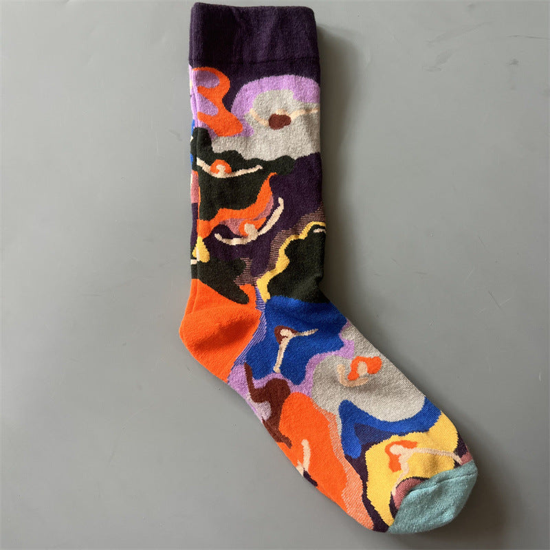 New Product Mid Calf Socks Women Oil Painting Socks Niche Fun Literary and Artistic Color Socks
