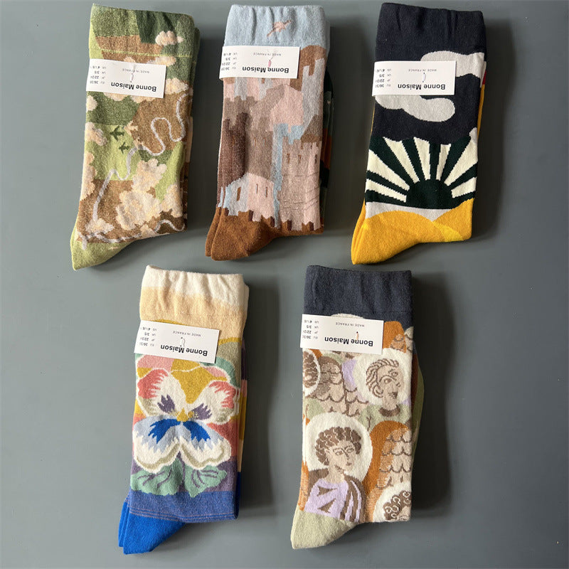 New Product Mid Calf Socks Women Oil Painting Socks Niche Fun Literary and Artistic Color Socks