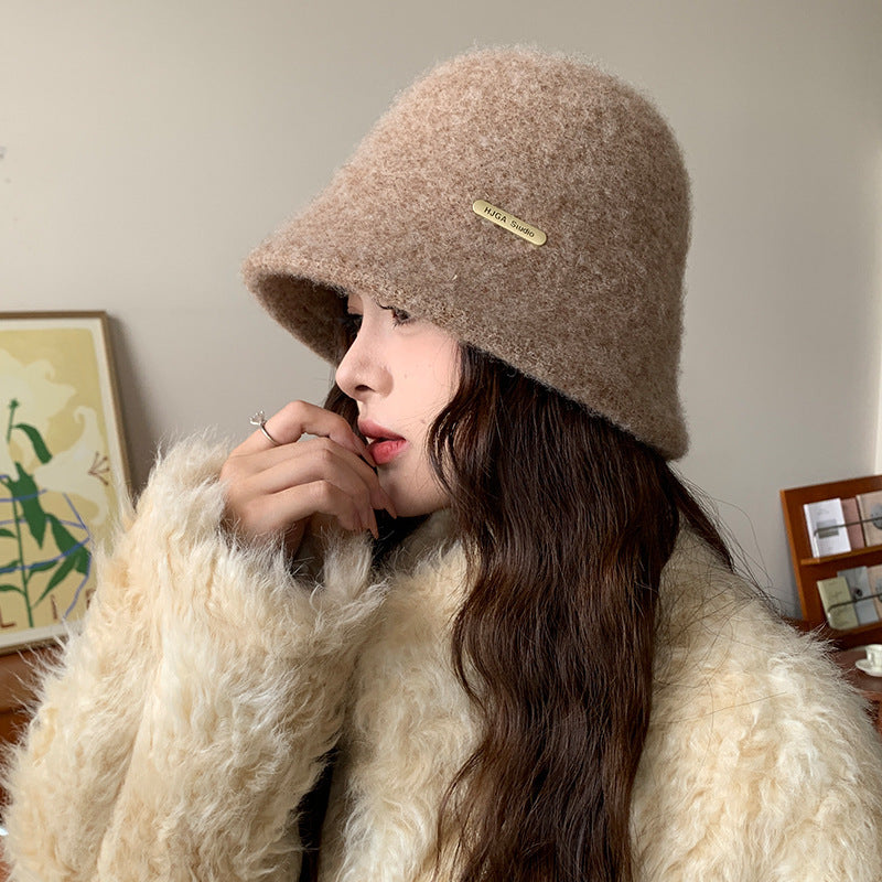 Retro Wool Hat Autumn and Winter Women's Warm Ear Protection Versatile Face Small Color Matching Warm Knitted Bucket Hat