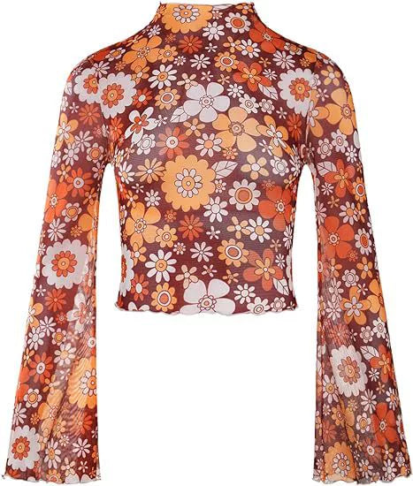 Women's Trumpet Sleeves Top with Lettuce Edging and Flower Mesh - Perfect for Open Navel T-shirt Look!
