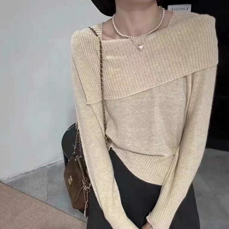 Irregular One-word Shoulder Knitted Bottoming Shirt for Women's Autumn and Winter Inner Sweater Long-sleeved Top for Women