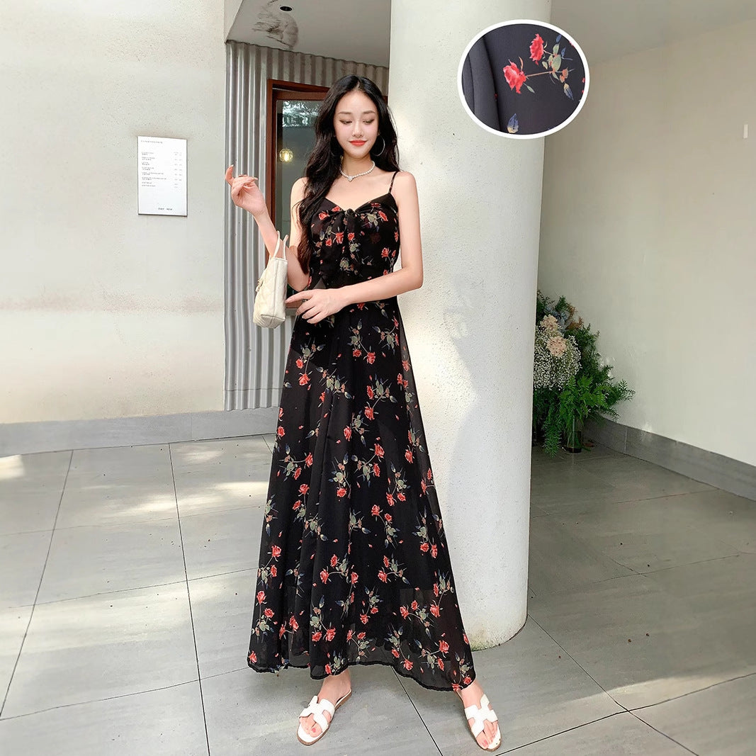 Temperament Royal Sister Fan Dress Women's Fashion Floral Age Reduction Medium and Long Skinny Dress