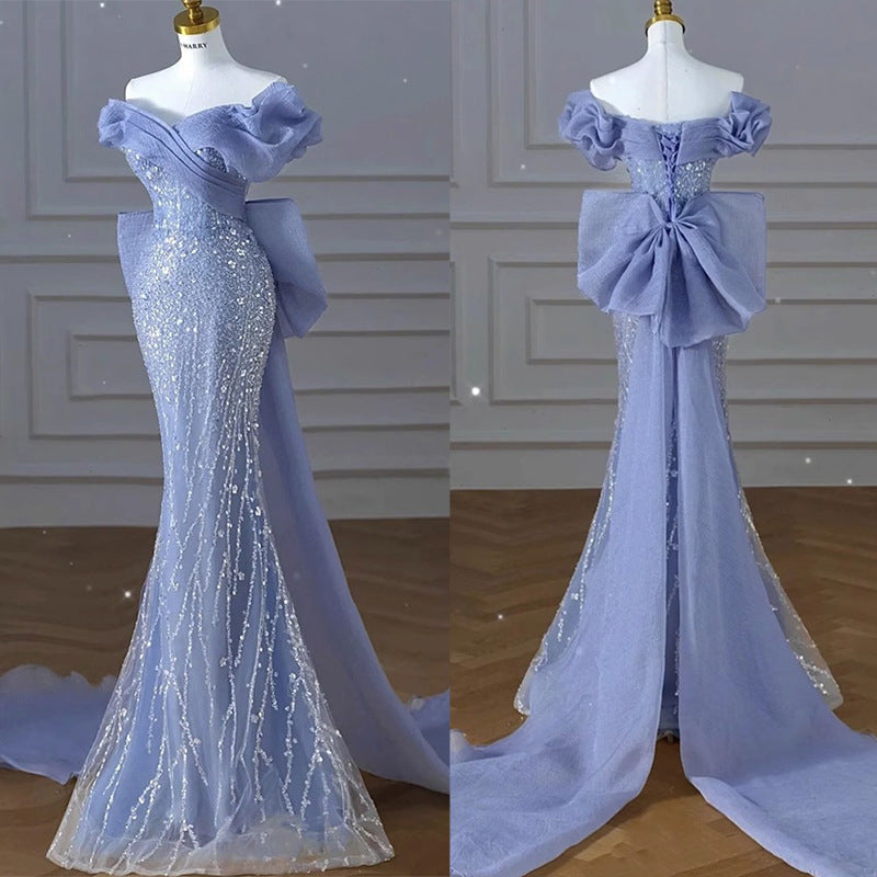 Navy Fishtail Sequin Gown - One-Shoulder Luxe Dress with Sweep Train, Stretch Bodycon for Gala/Prom