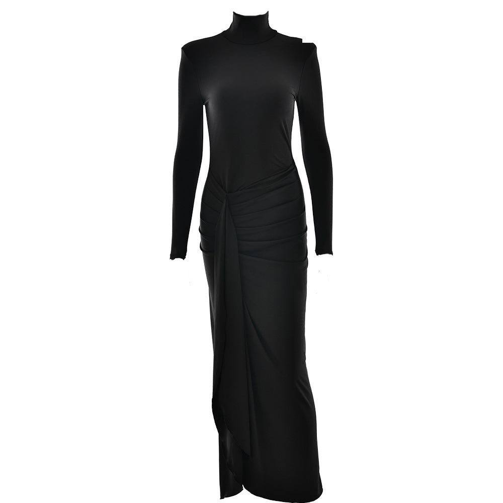 New Autumn Turtleneck Long-sleeved Fashion Splicing Straps Knots Slim Hip-wrapped Dress Women
