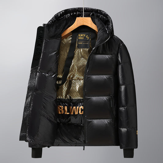 Winter New Black and Gold Winter Clothes Short Thickened Hooded Simple Glossy Coat for Men and Women
