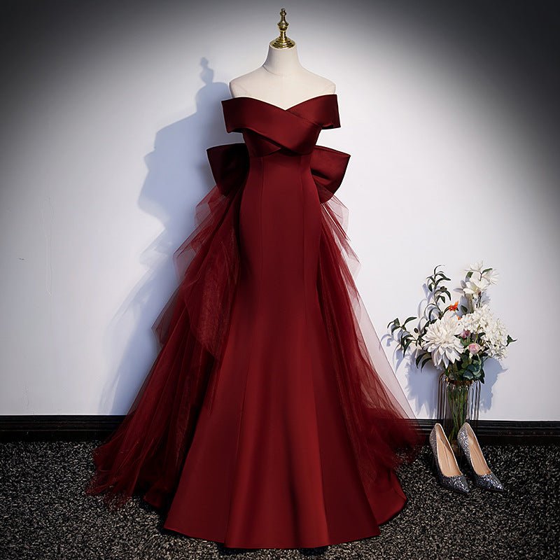 Toast Clothes Burgundy Fishtail 2024 New Vocal Art Test Evening Dress Women's Annual Meeting Host One-word Shoulder Light Wedding Dress
