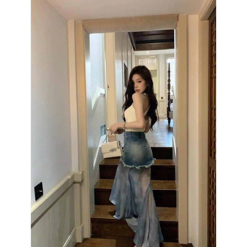 Retro Lotus Leaf Edge Splicing Denim Skirt Summer New High Waist Rough Edge Design Fairy Dress
