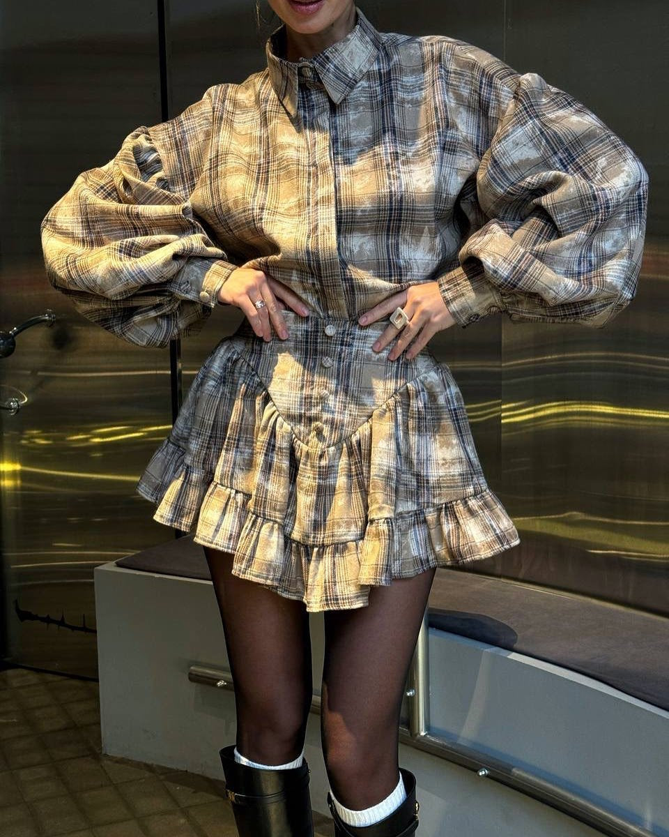 New Temperament Suit Women's Clothing High-end Spring Plaid Design Lotus Leaf Edge Short Skirt Two-piece Set