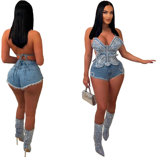 Sparkling Butterfly Strap Denim Top - Distressed Wash & Raw Hem for Summer Vibes