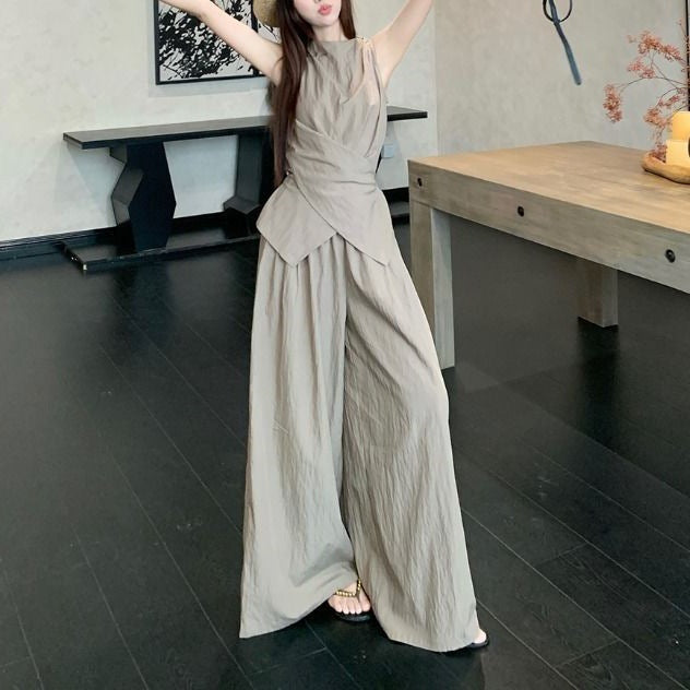 Women’s Casual Suit Set French Temperament Sleeveless Top & Loose Pants Summer Two-piece Outfit