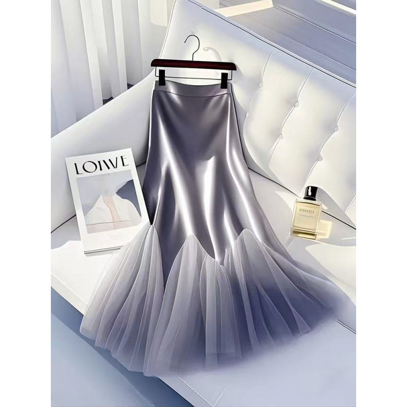 Slimming Ash Grey Mermaid Skirt: Lace-Up Asymmetry Mesh & Satin for Cocktail Wedding Events & Parties