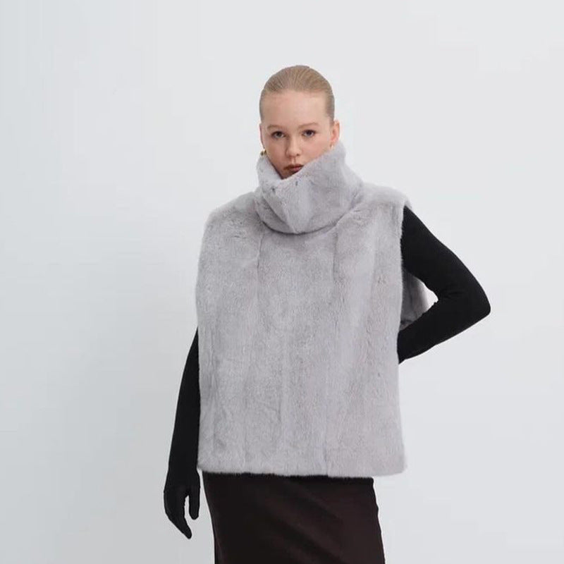 Slim Faux Fur Vest Mock Neck Quilted Sleeveless Top Solid Color Winter
