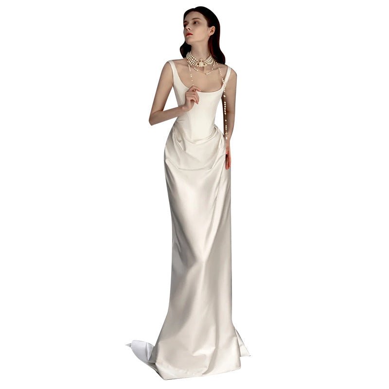 Satin Light Wedding Dress New Retro Simple Going Out Yarn Small Trailing Suspender Dress Evening Dress