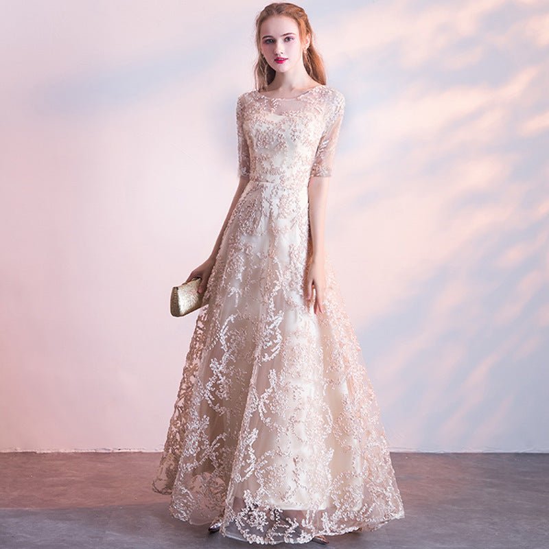 Evening dress new banquet host long thin sleeveless temperament socialite lace champagne dress