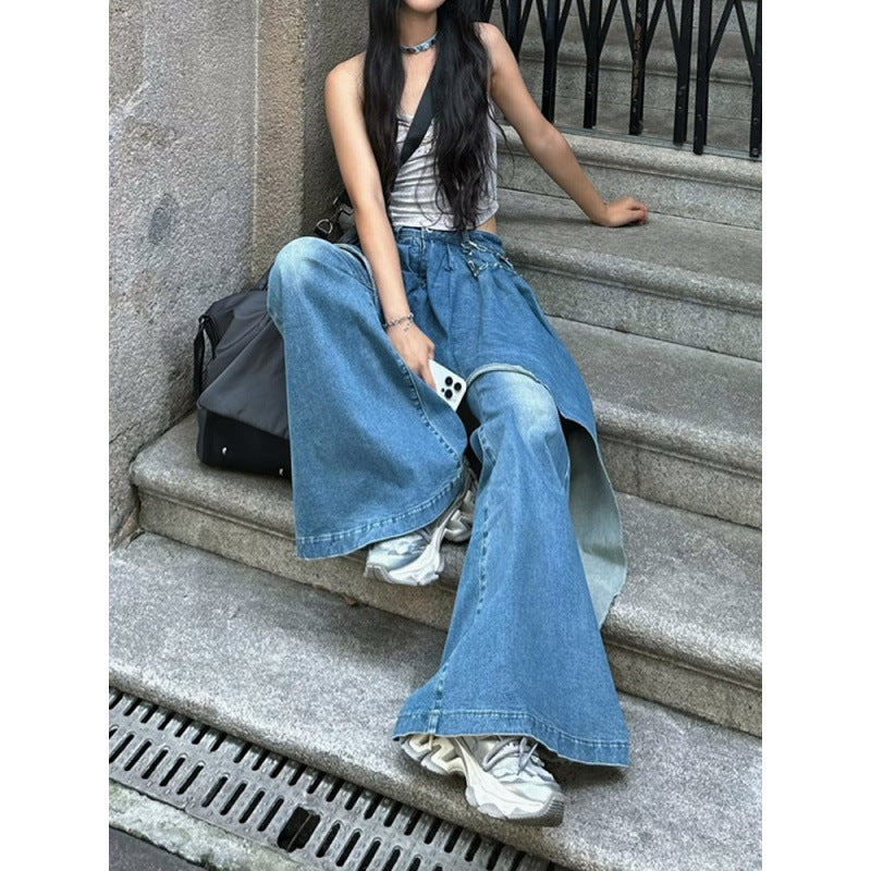 Slightly Fat Spice Girl Design Sense Irregular Splicing Jeans Autumn and Winter New Fake Two-piece Thin Flared Pants