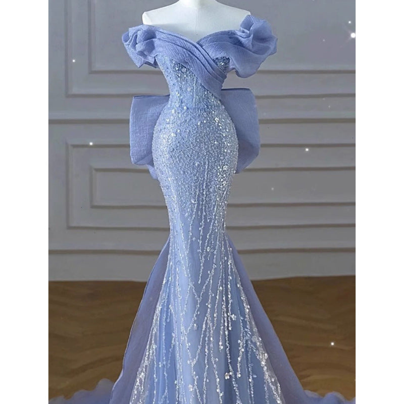 Navy Fishtail Sequin Gown - One-Shoulder Luxe Dress with Sweep Train, Stretch Bodycon for Gala/Prom
