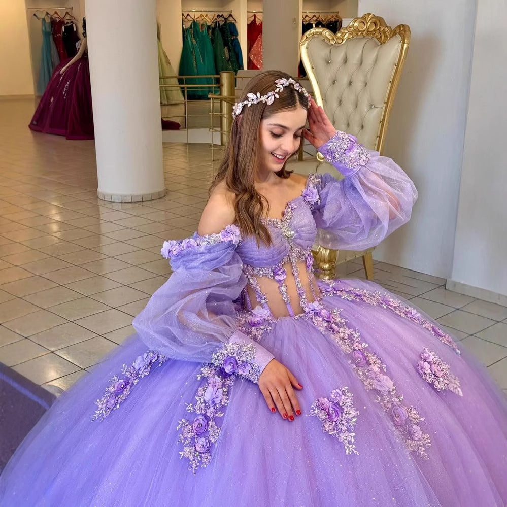 Floral One-Shoulder Tutu Dress with Bubble Sleeves - Spring Summer Elegant Party & Evening Wear