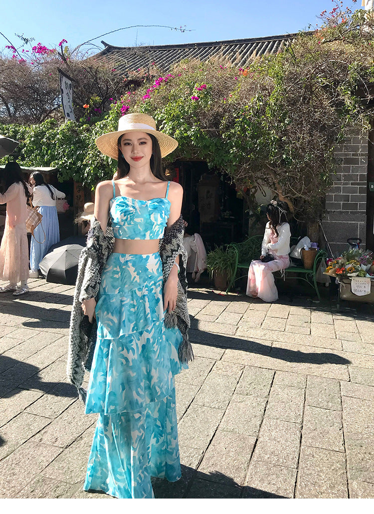 Sexy Y2K Summer Co-ord Set: Printed Crop Top & High-Slit Skirt Two-Piece Outfit
