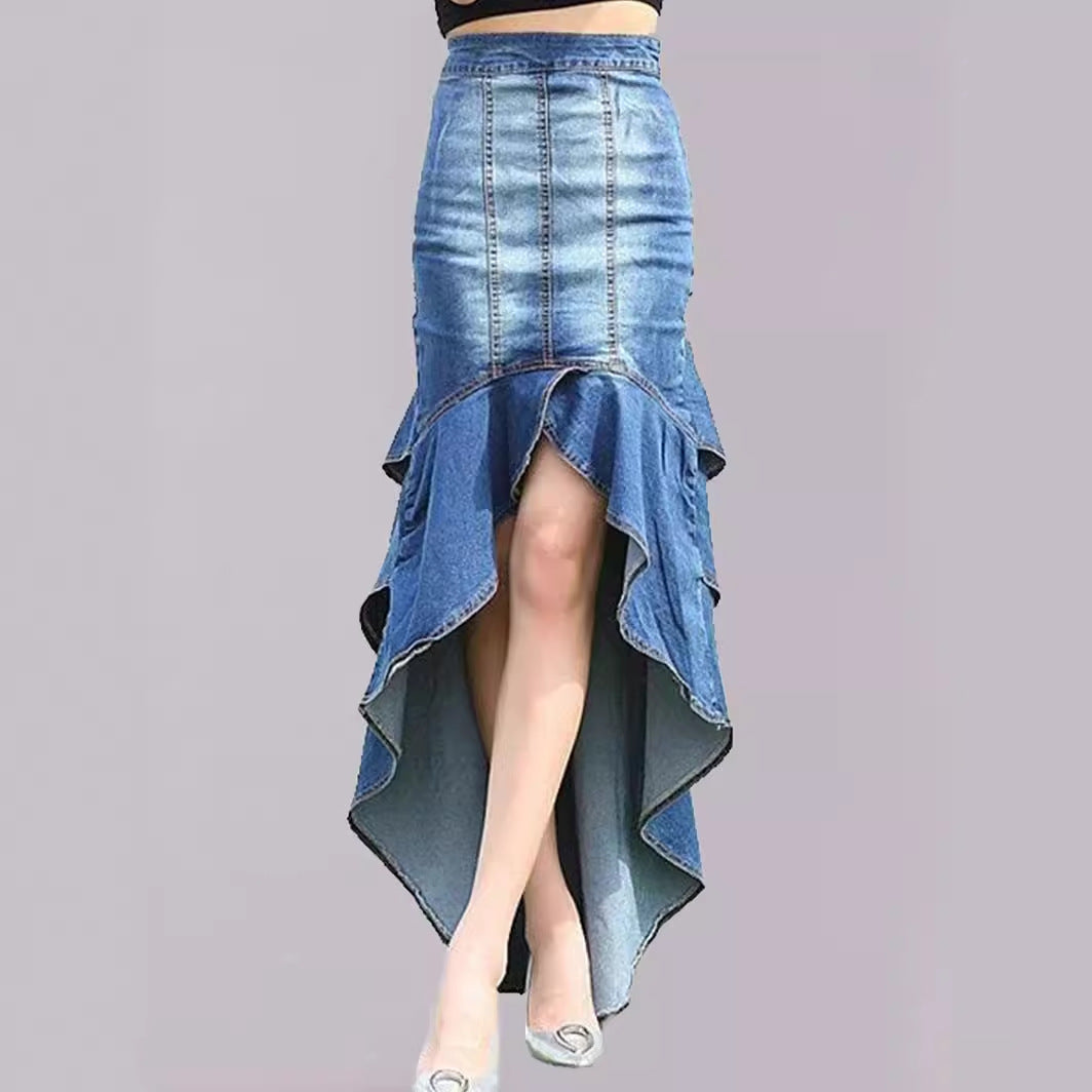 Elegant Bland Washed High and Low Ruffled Denim Tight Dress