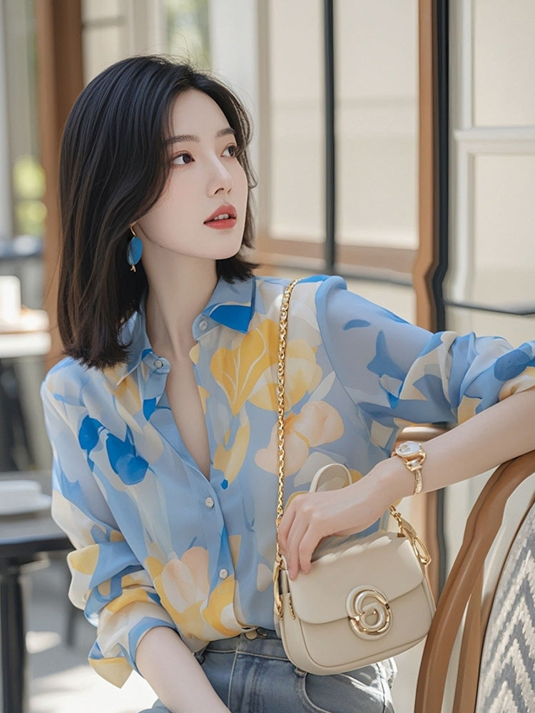 French Vintage Floral Print Chiffon Blouse | Feminine Relaxed Fit Lightweight Trans-seasonal Layer