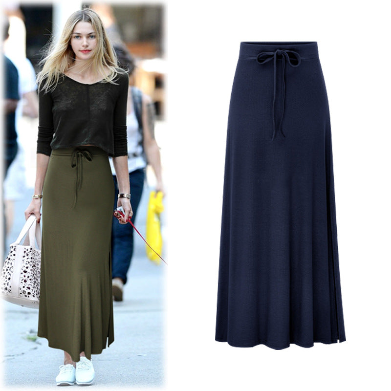 Large Size Women's Clothing Fashion Knitted Skirt High Waist Medium and Long Slit A-shaped Skirt Elastic Over The Knee