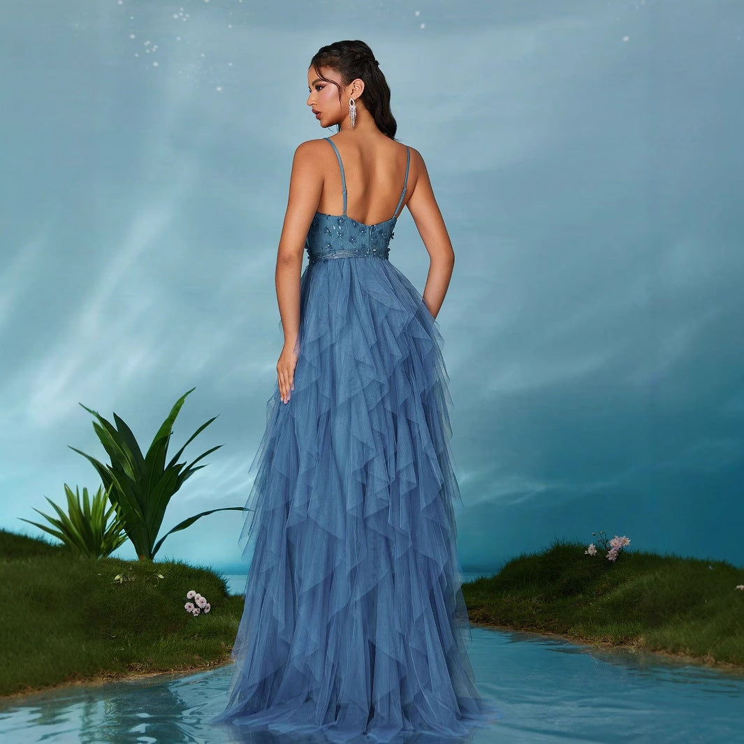 Light Luxury Women’s Evening Dress with Mesh Design and Suspender Straps