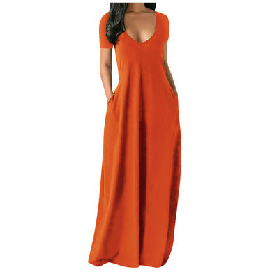 Summer Trending Plus Size Solid Color Maxi Dress - Sexy Deep V-Neck Short Sleeve