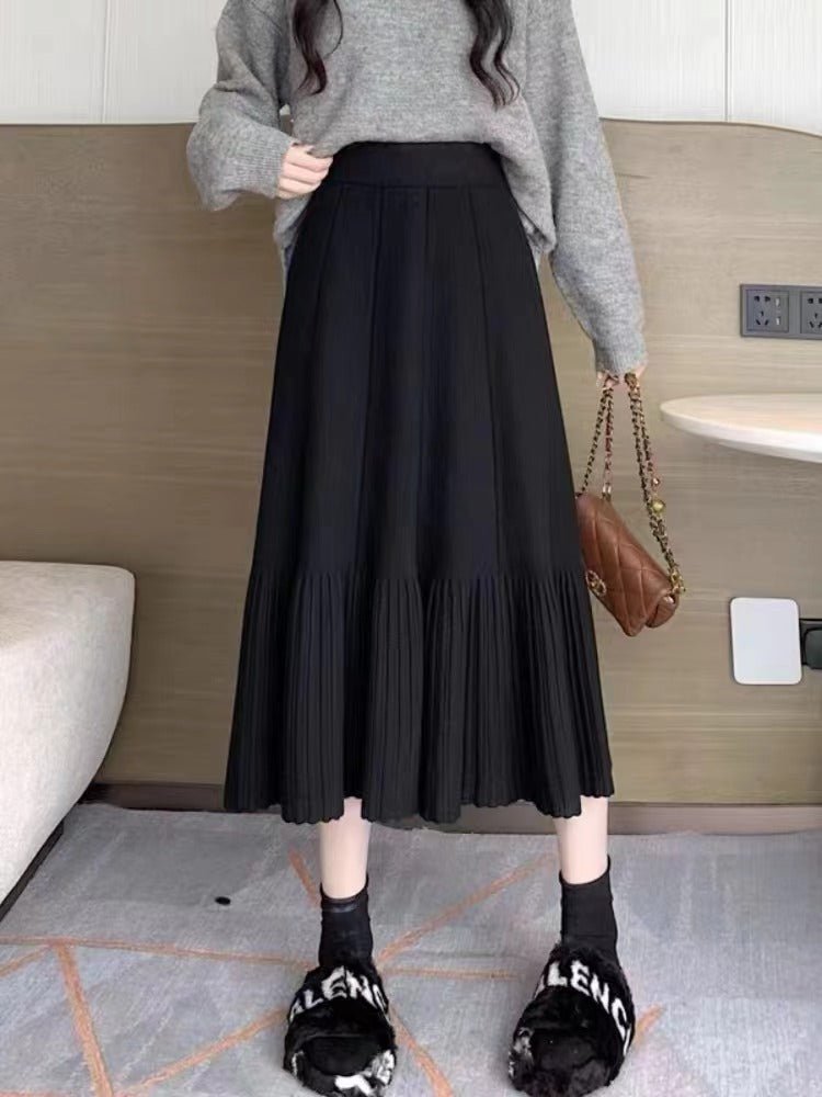 Pleated Knitted Skirt Women's Autumn and Winter New Fashion High Waist Korean Version Casual and Thin Big Swing Skirt A-shaped Skirt Umbrella Skirt