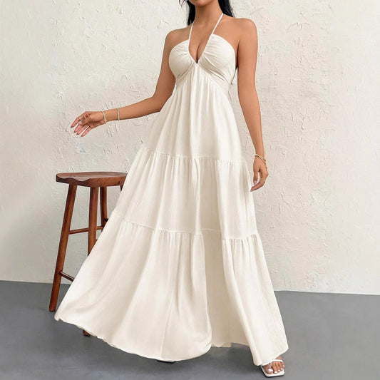 Coquette Beach Dress | Halter V-Neck White Pleated A-Line | Romantic Vacation Dress