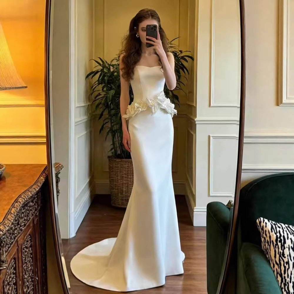 French Tube Top Satin Light Wedding Dress Bridal High Sense Engagement Dress Skirt Fishtail Welcome Out