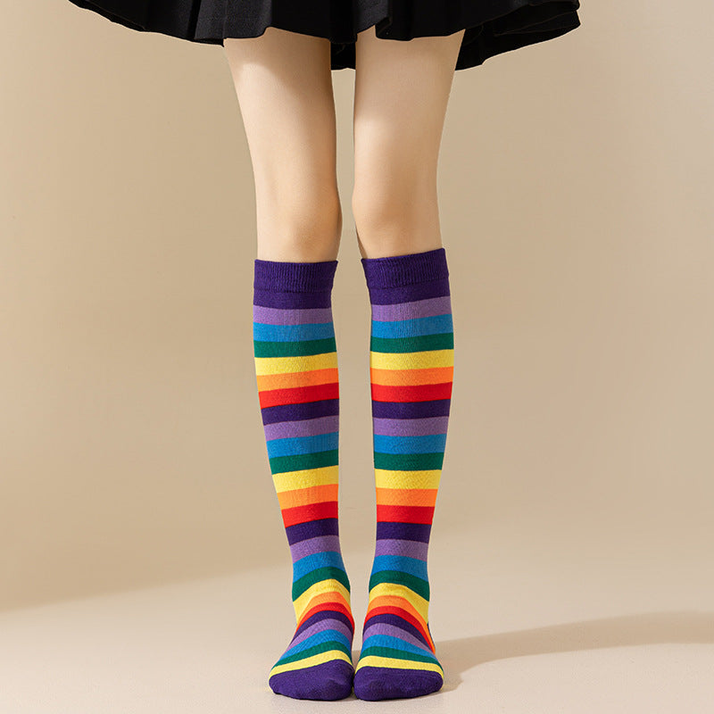Rainbow Striped European and American Socks Women's Long Tube Party Show Halloween Cosplay Calf Socks
