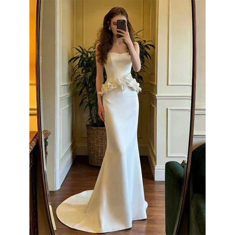 French Tube Top Satin Light Wedding Dress Bridal High Sense Engagement Dress Skirt Fishtail Welcome Out