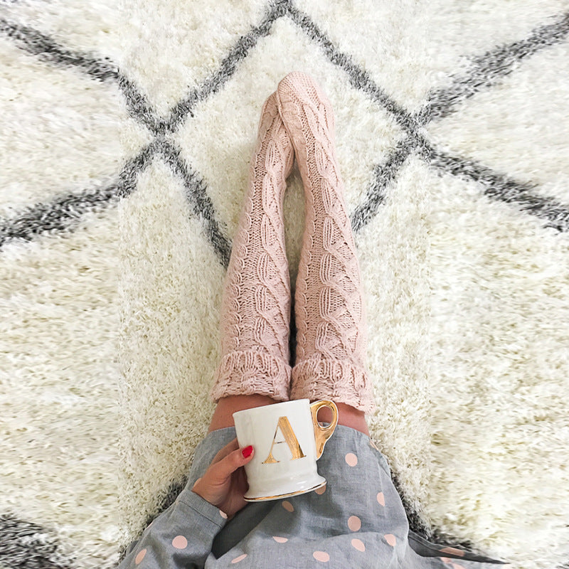 Quality Fashion Twist Flanged Knitted Long Tube Over Knee Stacking Socks Women, Solid Color Medium Long Tube Wool