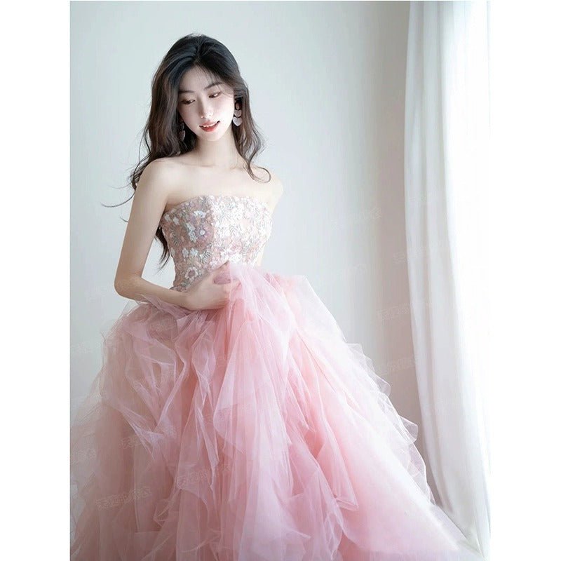 Fairy Air Fluttering, Brilliant Pink Bride Wedding Toast, Banquet Performance Host Wedding Dress Evening Dress