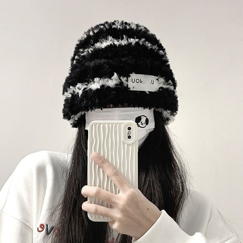 New Knitted Hat Children's Winter Wool Stripes Show A Small Face Plush Warm Thickened Large Head Circumference Ear Protectors Stacking Hat