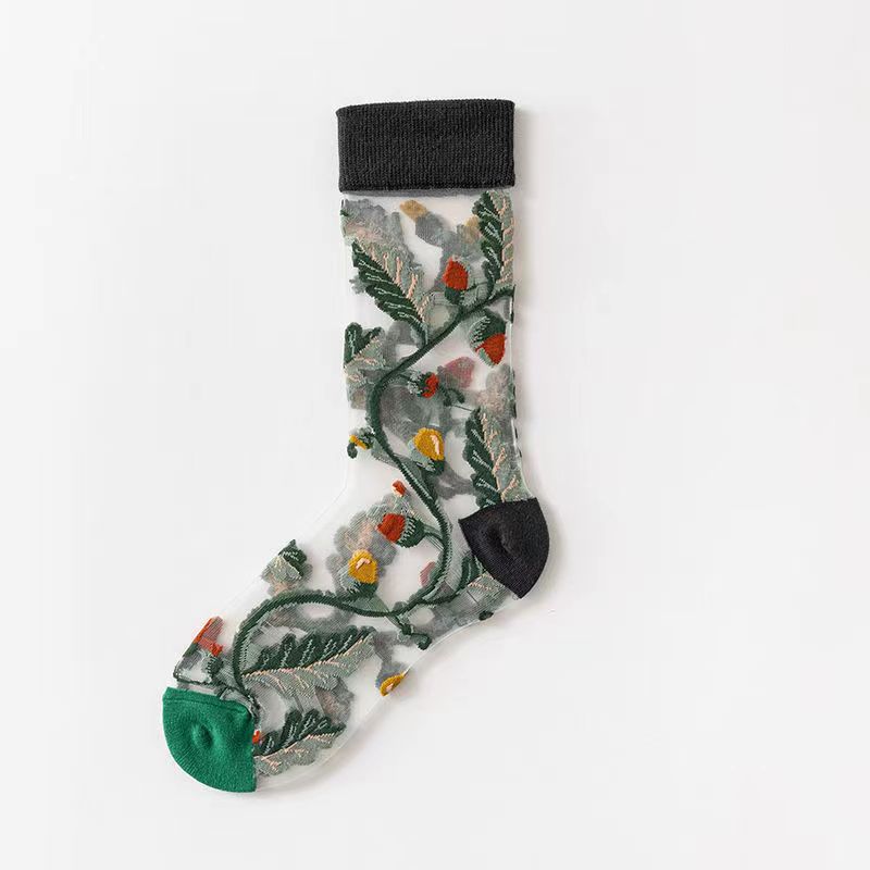 Spring and Summer Women's Socks, Thin Medium Tube Fashion Trendy Socks, European and American Style Flower Glass Stockings