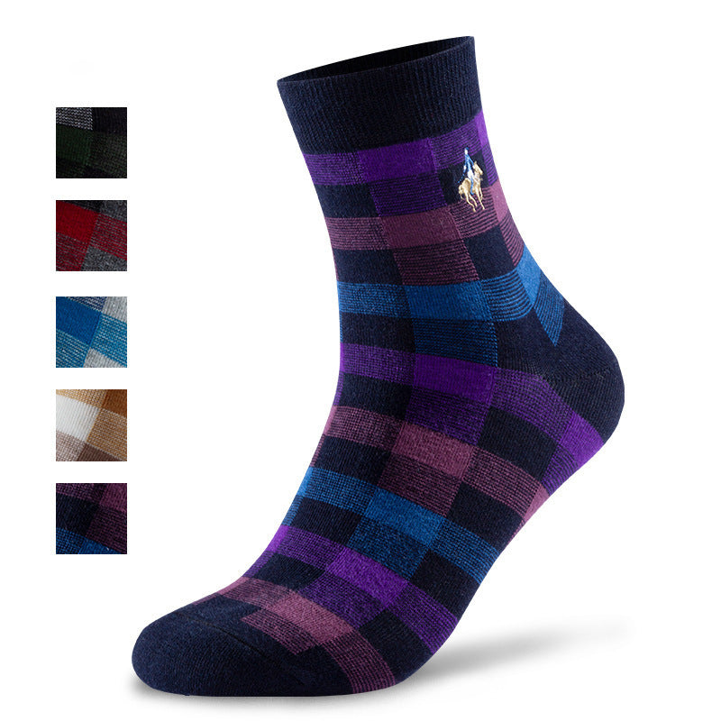 Men's Socks Spring and Autumn Business Trendy Socks Plaid Combed Cotton Medium Tube Socks