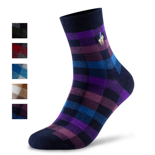 Men's Socks Spring and Autumn Business Trendy Socks Plaid Combed Cotton Medium Tube Socks