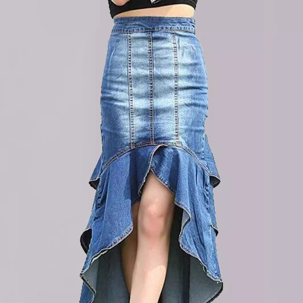 Elegant Bland Washed High and Low Ruffled Denim Tight Dress