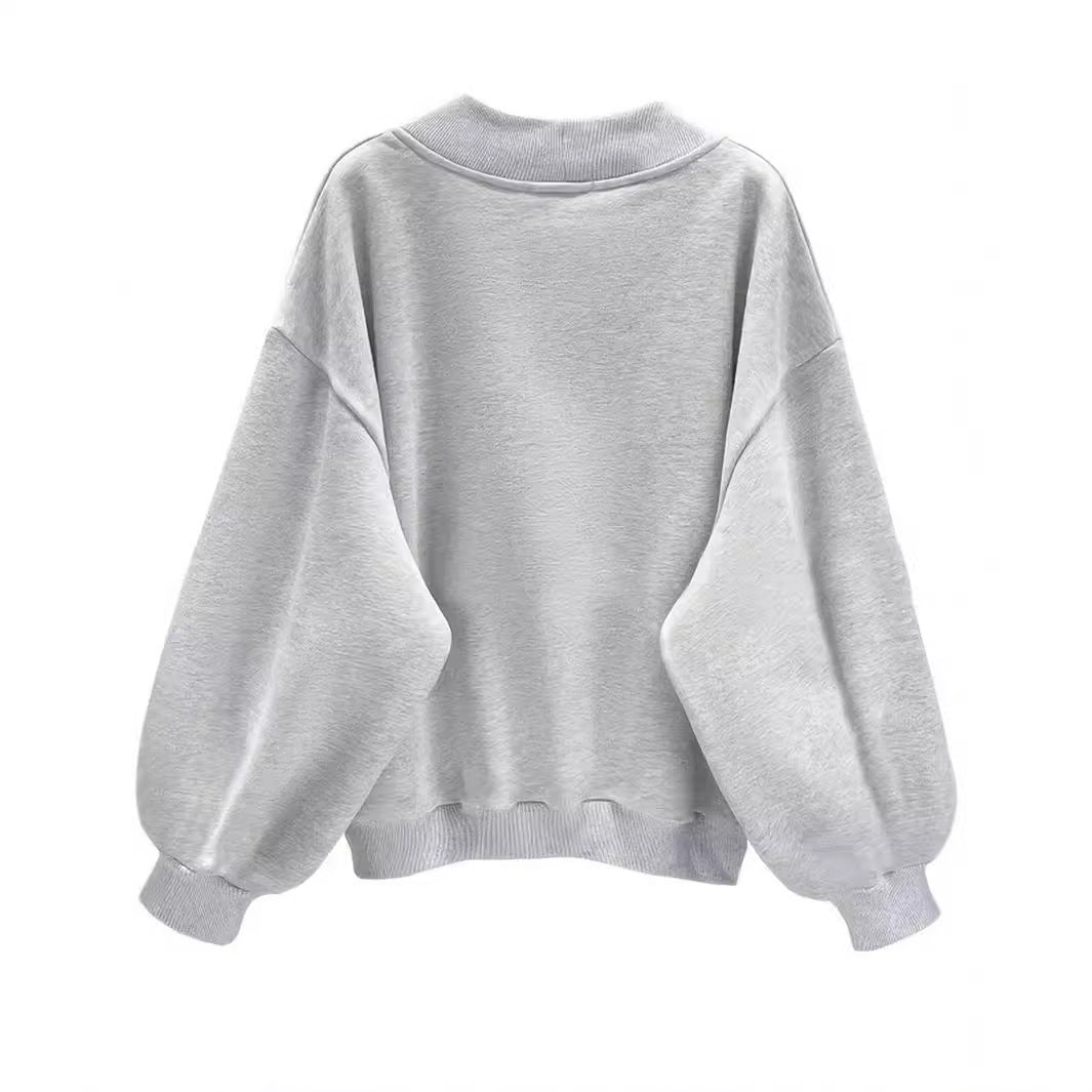 Trendy Brand Autumn New Gray Sweater Women's Fashion Casual Loose Versatile V-neck Top